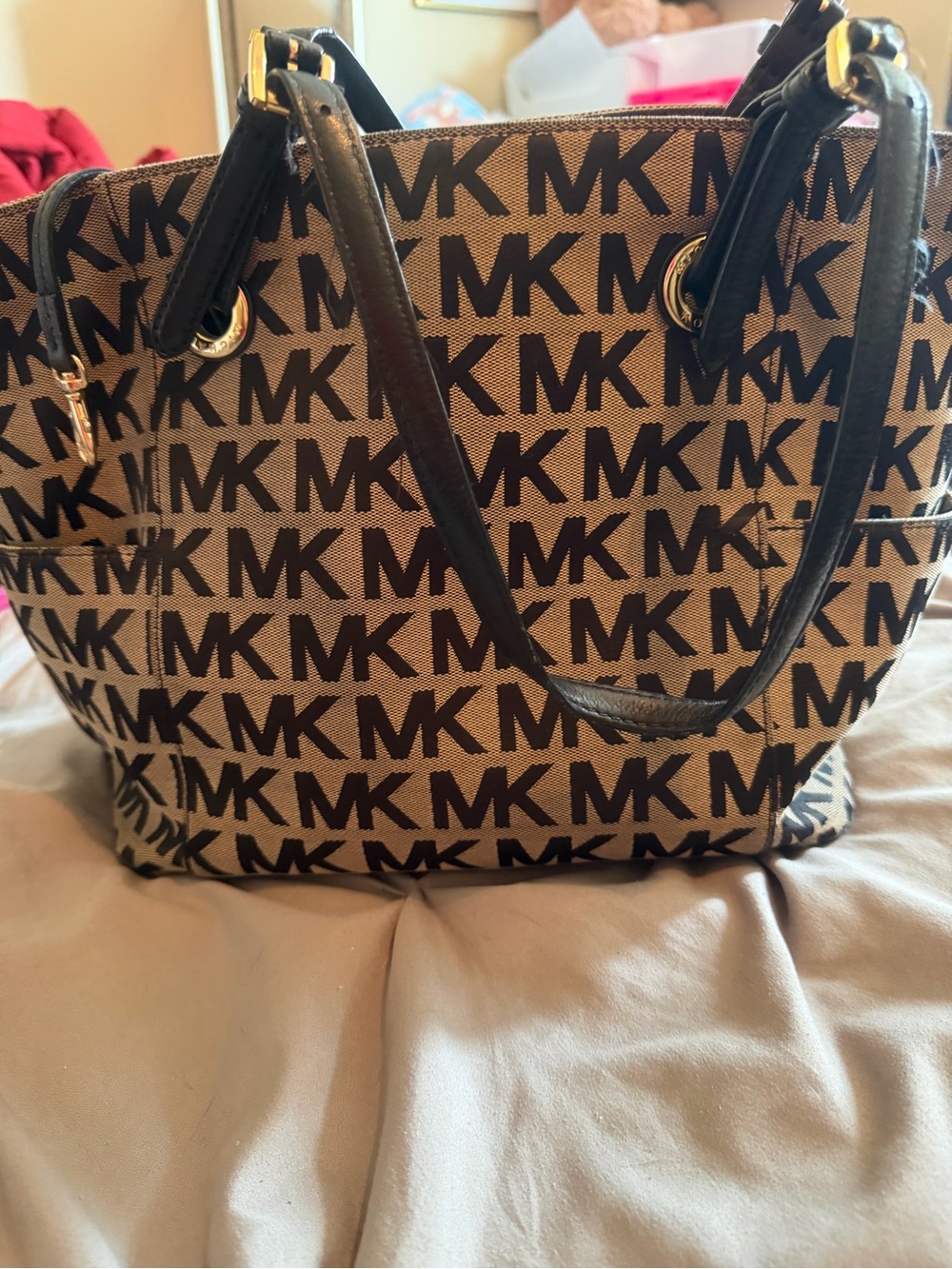 Michael Kors Beige and Black MK Signature Shoulder Tote